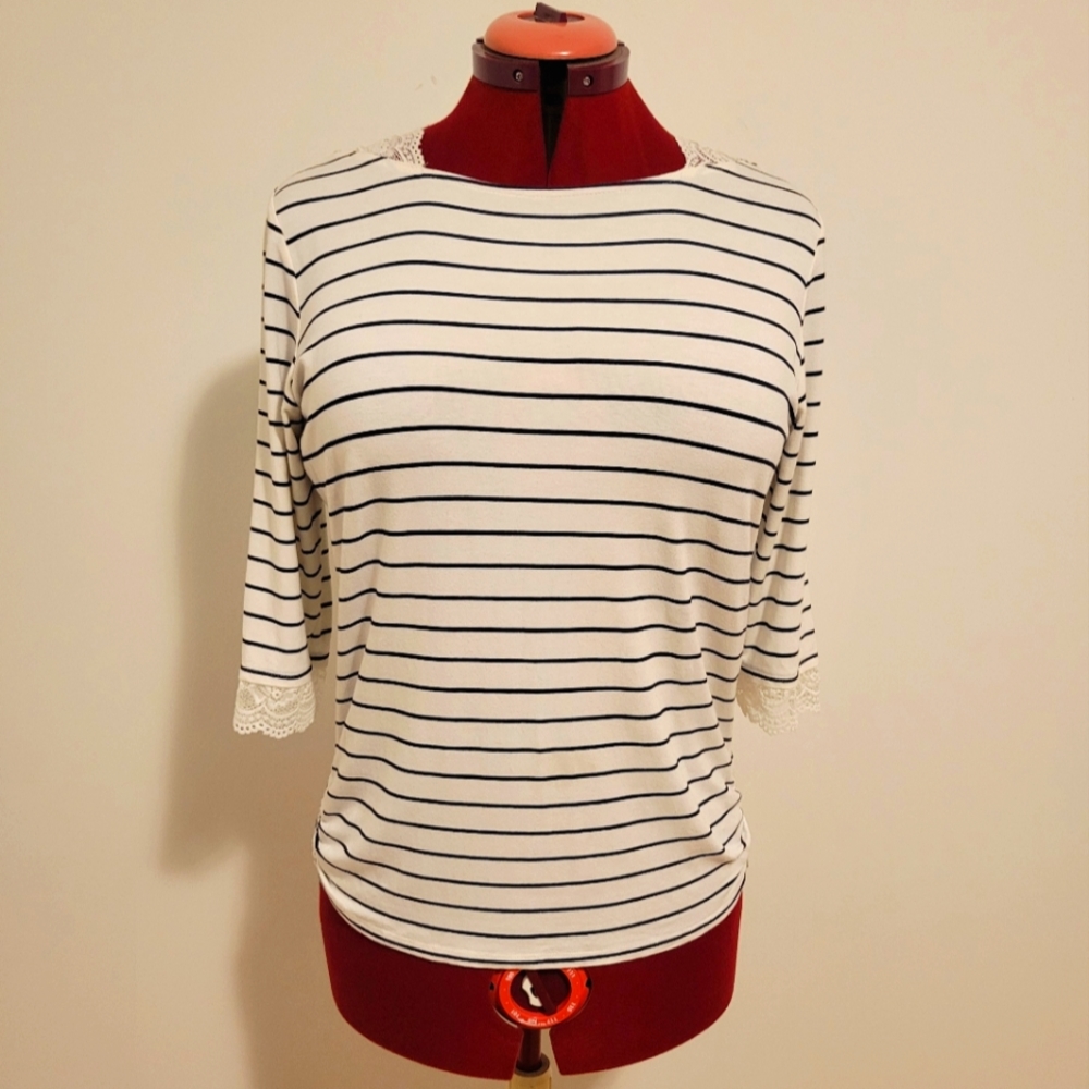 French Dressing Jeans Striped 3/4 Sleeve Ruched Dressy Shirt | Size M